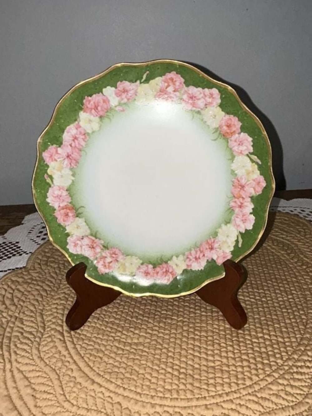 Antique Jean Pouyat JP Limoges Green and Pink Floral Porcelain Decorative Plate